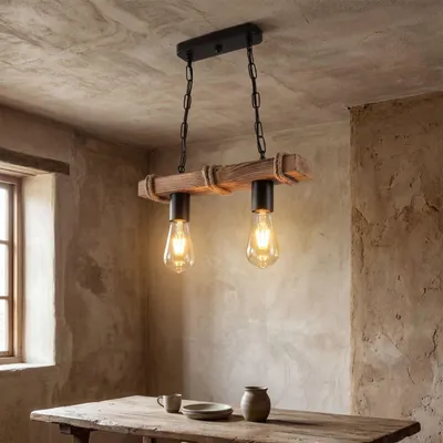 Produktbild von Pendelleuchte Metall E27 H: max. 85 cm geflammtes Holz Schwarz 2-flammig länglich Rustikal