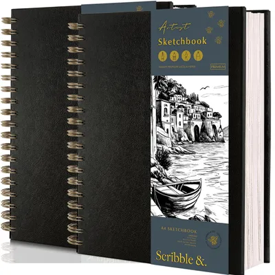 Skizzenbuch A4, 2er-Pack, 80 Blatt, 200 g/m², schwarz, Hardcover