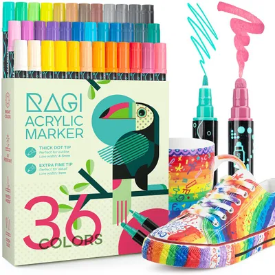 Zdjęcie produktu dla RAGI Markery akrylowe Pisaki Mazaki Dwustronne Wodoodporne 36 sztuk + 3 Kamienie do Malowania