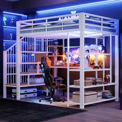 Image de Lit superposé Merax, 140 x 200 cm, avec bureau et éclairage LED, lit enfant avec panneau perforé et escalier de rangement, lit en métal avec étagère, blanc