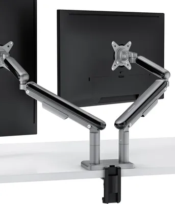 Zdjęcie produktu dla Podwójny ramion do monitora – stalowa konstrukcja biurkowa do dwóch monitorów do 34 cali – możliwość obrotu o 360° i regulacji – kolor czarny