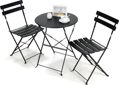 Produktbild von Outdoor Gartenmöbel Bistro Set - 3-teiliges Café Set - Klappbarer Metalltisch mit 2 Stühlen - Balkon Terrasse Garten - Schwarz