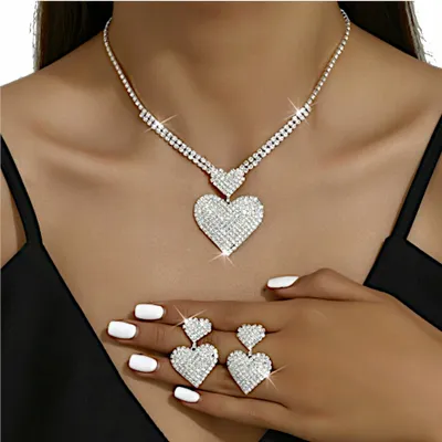 Immagine prodotto di Set di orecchini e collana in argento, set da cerimonia e da matrimonio con zirconi a forma di cuore