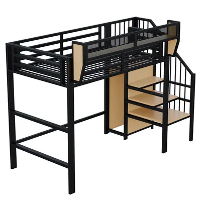 Produktbild von STILVORA Hochbett 90x200 Bettgestell Jugendbett mit Sicherheitsleiter und flexiblem Staufach,Metallbett mit Rausfallschutz(Ohne Matratze)-Schwarz
