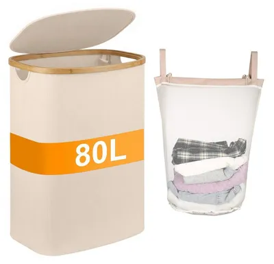 Immagine prodotto di Cesto per la biancheria da 80 litri, stretto, in bambù, con coperchio, pieghevole, color beige chiaro