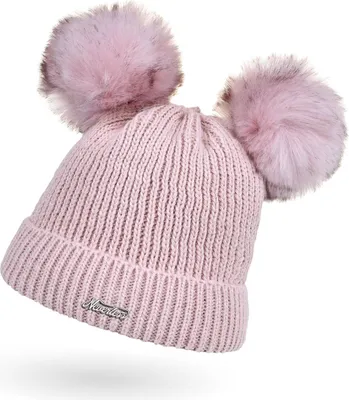 Produktbild von Kinder Mädchen Strickmütze mit zwei Bommeln Doppelbommel Kunstfell Bommelmütze Wintermütze Pudelmütze Rippstrick Neverless® rosa unisize