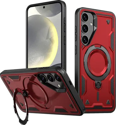 Produktbild von Dual Layer Hülle für Samsung Galaxy S25+ Metall Ring Ständer Magnetisch Stoßfest Militär Handyhülle Rot
