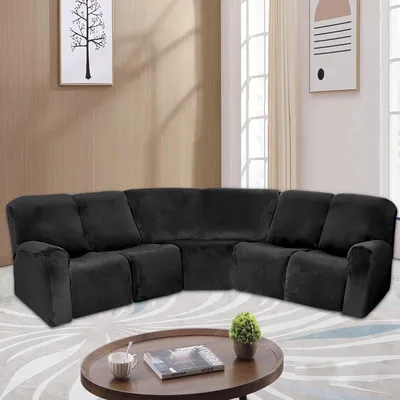 Produktbild von Liegestuhl Schonbezug, L-Form Abschnitt Ecksofabezug Liegestuhl Sofabezüge, 5 Sitzer Samt Stretch Liege Couchbezüge zum Liegen L-Form Sofa,Schwarz