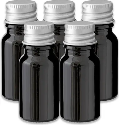 Produktbild von 5x Glasflasche schwarz 10ml mit silbernem Aluminiumverschluss Schraubdeckel