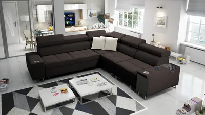A modern living room with a large sectional sofa.