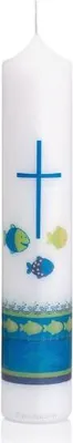 Produktbild von Taufkerze Jungen mit individueller Namensverzierung aus hochwertigen Wachsbuchstaben und Geschenkkarton 50 x 265 mm, Nr 106