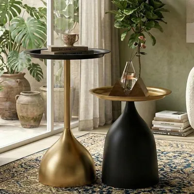 Zdjęcie produktu dla Stolik pomocniczy - Zestaw 2 szt. - Czarny i złoty - Okrągły 40 cm - Metal - Do salonu i przedpokoju