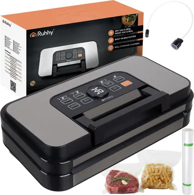 A vacuum sealer machine and its packaging are displayed, along with some food items and accessories.