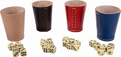Produktbild von GICO 4 Stück Würfelbecher (echt Leder) bunt (9 cm) mit 6 Würfeln - 5908
