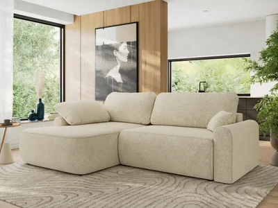 Produktbild von MKS MEBLE Ecksofa CUBO L-form, lose Kissen, Ecksofa 273x187x100 cm mit Schlaffunktion, Bettkasten - Creme Struktur - Links Seite
