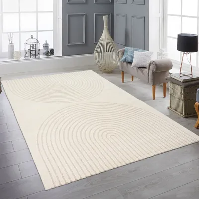 Produktbild von Schlafzimmer Wohnzimmer Teppich mit Hoch- Tiefeffekt und Bogenmuster in Creme Größe - 160 x 220 cm