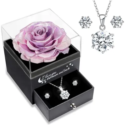 Productafbeelding van Eeuwige roos met ketting en oorbellen, gemaakt van 925 sterling zilver, cadeau voor vrouwen, roze/paars