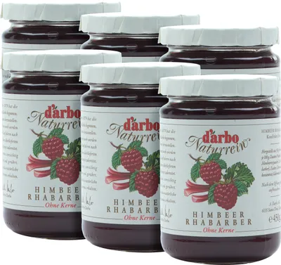Produktbild von Food-United KONFITÜRE-EXTRA Himbeere und Rhabarber 6x 450g von DARBO Naturrein Himbeerkonfitüre fruchtiger raspberry fruit spread jam perfekt für Brot und Brötchen Himbeer-Füllungen-Kuchen Frühstück Toreten Quark Porridge Puddings Eiscremes Gebäck