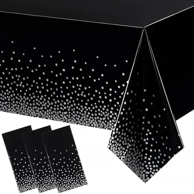 Productafbeelding van Tafelkleed plastic - Confetti - 137 x 274 cm - Zwart en zilver - Rechthoek - 3 stuks - Peva