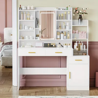 Image de Table de maquillage - Commode - Table de coiffure - Meuble de beauté - Blanche - Éclairage LED réglable