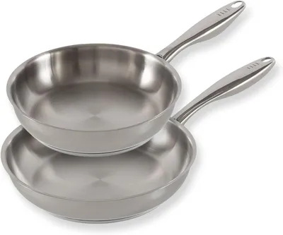 Image de Ensemble de deux poêles, diamètre 24 et 28 cm, en acier inoxydable, sans , compatibles avec les plaques à induction, pour la cuisine