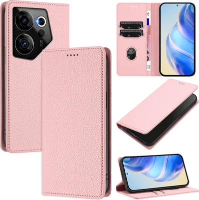 Produktbild von Litchi Leder Handyhülle für Tecno Camon 20 Premier 5G Wallet Kartenfächer Standfunktion Hülle Pink