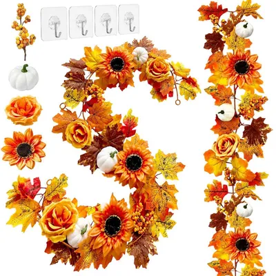Image de Guirlande avec des citrouilles et des tournesols, lot de 2, décoration d'automne pour l'intérieur et l'extérieur