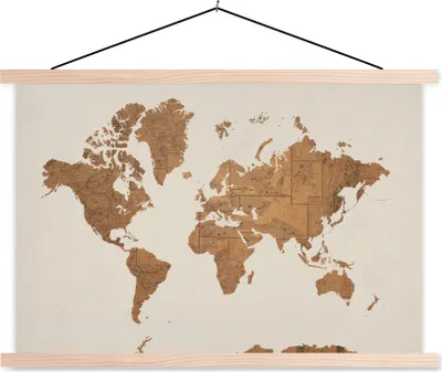 Produktbild von MuchoWow® Textilposter Weltkarte - Vintage - Karten 120x80 cm mit holzfarbenen Rahmen - Aufhängeset