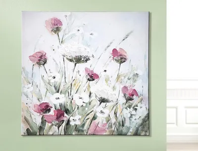 Imagen del producto de Cuadro decorativo, cuadrado, motivo floral, diseño de flores, paisaje, lienzo, madera de pino, color crema, verde, lila, blanco, juego de 2.Altura: 60.00 cmAncho: 60.00 cmProfundidad: 2.70 cm38167
