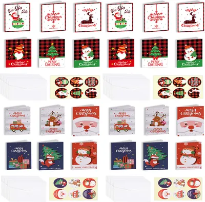 Produktbild von minhgoring 72pcs/set Weihnachtskarten Malerei Grußkarten Weihnachten Karten, 24 Grußkarten,24 Umschläge,24 Aufkleber Feiertagskarten verschiedene Weihnachtskarten