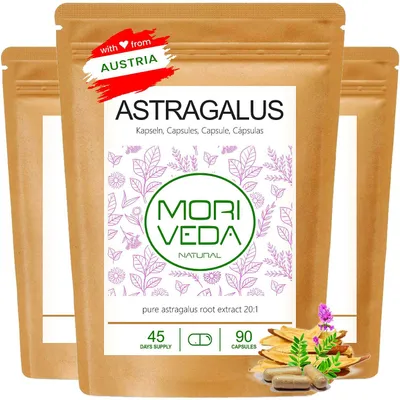 Produktbild von Moriveda Astragalus Kapseln – 270 Stück – Astragaluswurzelextrakt 20:1 aus Indien – Polysaccharide 336 mg pro Tagesdosis