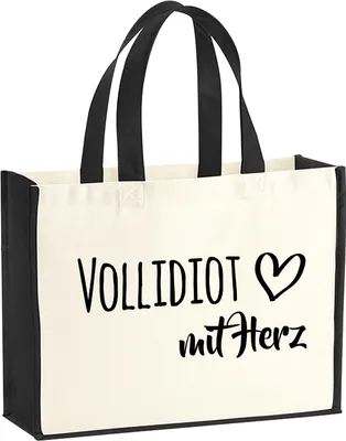 Produktbild von Huuraa Jutetasche Vollidiot mit Herz 21 Liter Black Jute und Baumwolle Einkaufstasche Geschenkidee