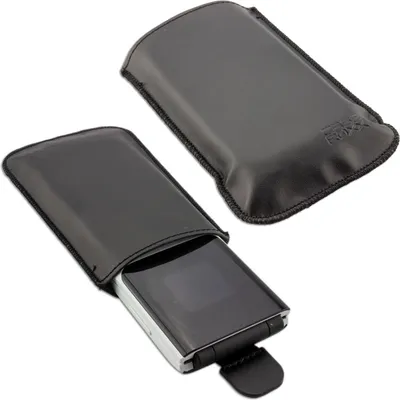 Two black leather phone cases are shown against a white background. One case is empty and lies flat, while the other case has a flip phone partially inserted.