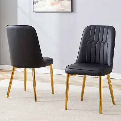 Image de Lot de 2 chaises de salle à manger, cuirPolyuréthanenoir, pieds en métal doré, style moderne, 89 cm