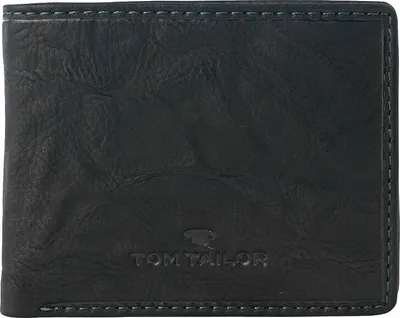 A black leather wallet with the brand logo and name embossed on it.