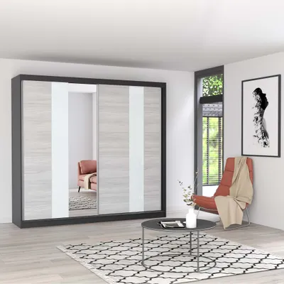 Produktbild von Schwebetürenschrank Kleiderschrank Schrank 233 cm Schwarz/Kathult mit Spiegel und Lacobel Glaseinsatz Multi 32