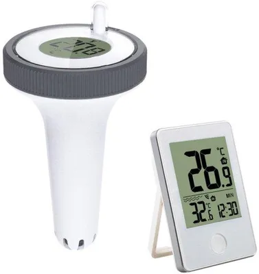 Obrázok produktu pre Teplomer do bazénov – s integrovaným meradlom teploty a vlhkosti, vhodný do bazénov, jazierok, víriviek a akvárií (biely).
