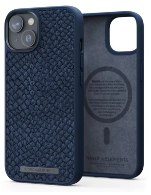 A close-up, angled view of a blue iPhone case, showing both the exterior textured surface and the interior with branding and text.