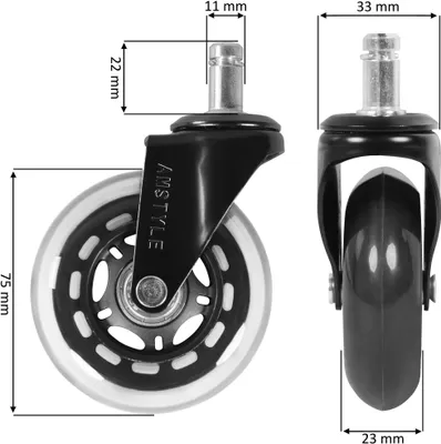 A diagram showing the dimensions of a black office chair caster wheel with a clear outer rim. The image displays multiple views of the caster and includes measurement lines and labels.