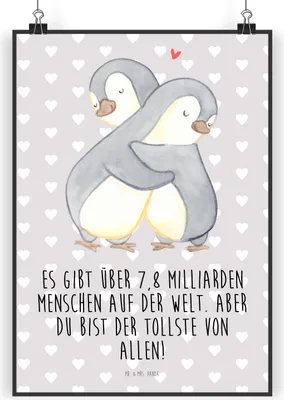 Produktbild von Mr. & Mrs. Panda Bild Pinguine Kuscheln DIN A4 - Grau Pastell - Geschenk, Kunstdruck, drucke, für Freundin, Valentinstag, wanddeko, poster, Frauen, Liebesbeweis, Wandbild
