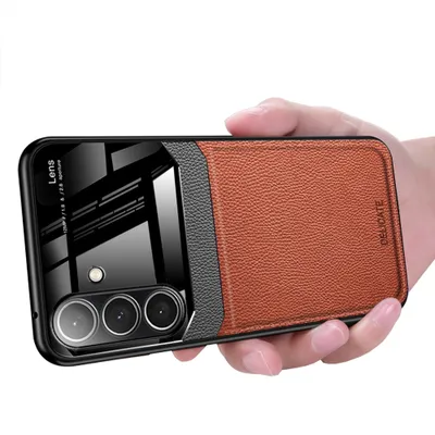 Produktbild von Galaxy S23 FE Hülle, TPU Anti-rutsch Leder Glas Len Hybrid Schutzhülle für Samsung Galaxy S23 FE Braun