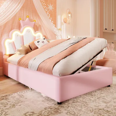 A child's bedroom with a pink bed and crown-shaped headboard.