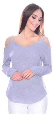 Produktbild von Damen Bluse Langarm Elegant Schulterfrei Nieten; Grau/2XL/3XL