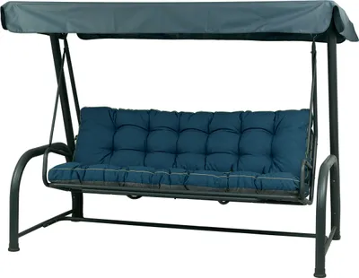 A garden swing with a dark blue cushion and a gray canopy, shown against a white background.