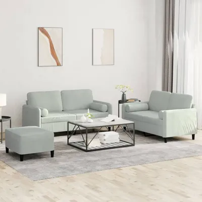 Produktbild von Design 3-tlg. Sofagarnitur mit Kissen Hellgrau Samt, Schlafsofas 2024 Neu