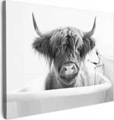 Produktbild von MuchoWow® - Leinwandbilder - Schottischer Highlander - Kuh - Bad - Schwarz und weiß, Wandbild, Wanddeko Bilder Wohnzimmer, 80x60 cm