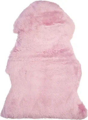 A pink sheepskin rug is shown against a white background.