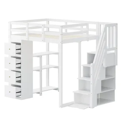 Produktbild von MODFU Hochbett Kinderbett 140x200cm mit Rausfallschutz und Aufbewahrungsschublade, Multifunktionales Massivholzbett mit Sicherheits-Kletterleiter, Jugendbett Bettgestell, Weiß