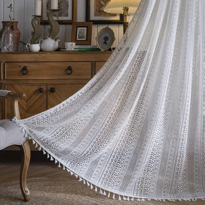 Gehäkelte Boho-Gardine, 150x213 cm, transparent, handgefertigte Quasten