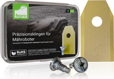 Produktbild von Fepro® Profi Ersatzmesser für Mähroboter - kompatibel mit Husqvarna, Gardena, Yard Force - 12 Stück, Universal Ersatzklingen für Rasenroboter Messer Messerset Mähroboterklingen